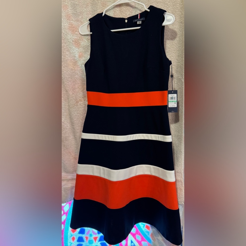 Tommy Hilfiger Navy and Orange A-Line Midi Dress